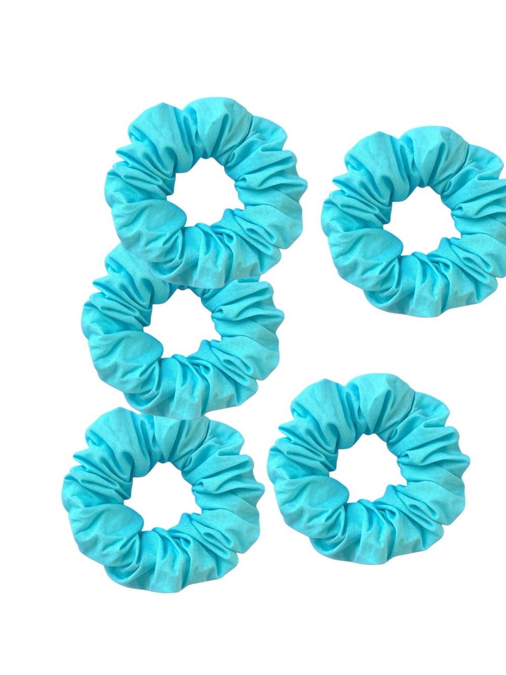 Bright Teal Hair Scrunchie Set. 5 Soft cotton hair ties. - Picture 5 of 8